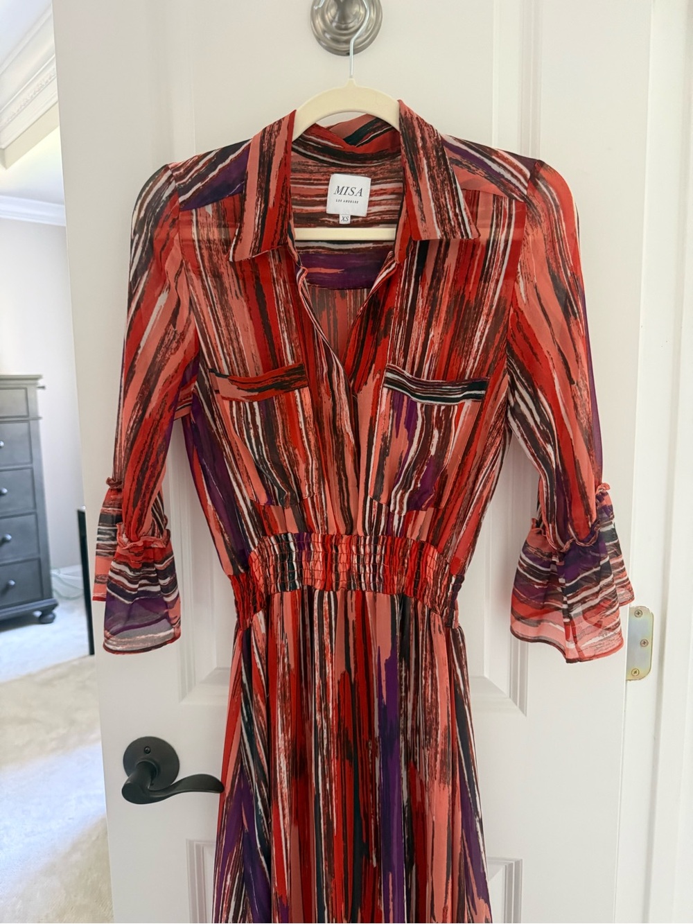 Misa Los Angeles Red and Purple Striped Shirred-Waist Shirt Dress